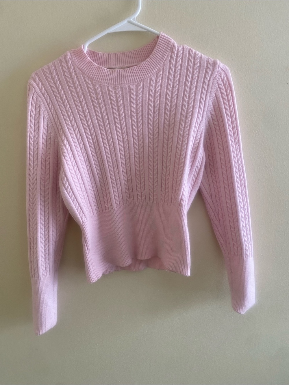 Stella Tweed Light Pink Cable Knit Crewneck Sweater